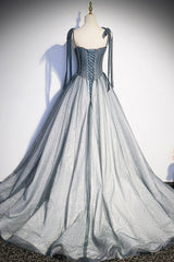 Gray Tulle Long A-Line Prom Dress Outfits For Women with Beaded, Spaghetti Straps Gray Evening Dress