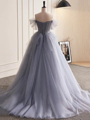 Gray Tulle Long Floral Prom Dresses For Black girls For Women, Gray Tulle Long Lace Formal Evening Dresses