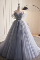Gray Tulle Long Prom Dress Outfits For Girls, Off Shoulder Evening Dress Outfits For Women Party Dress