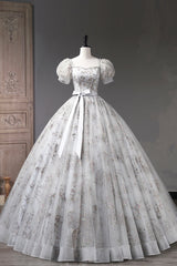 Gray Tulle Sequins Long Prom Dress Outfits For Girls, A-Line Evening Party Dress