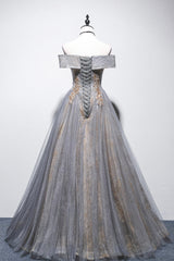 Gray Tulle Sequins Long Prom Dress Outfits For Girls, Off Shoulder Evening Dress