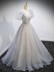 Gray v neck tulle sequin long prom Dress Outfits For Girls, gray tulle formal dress