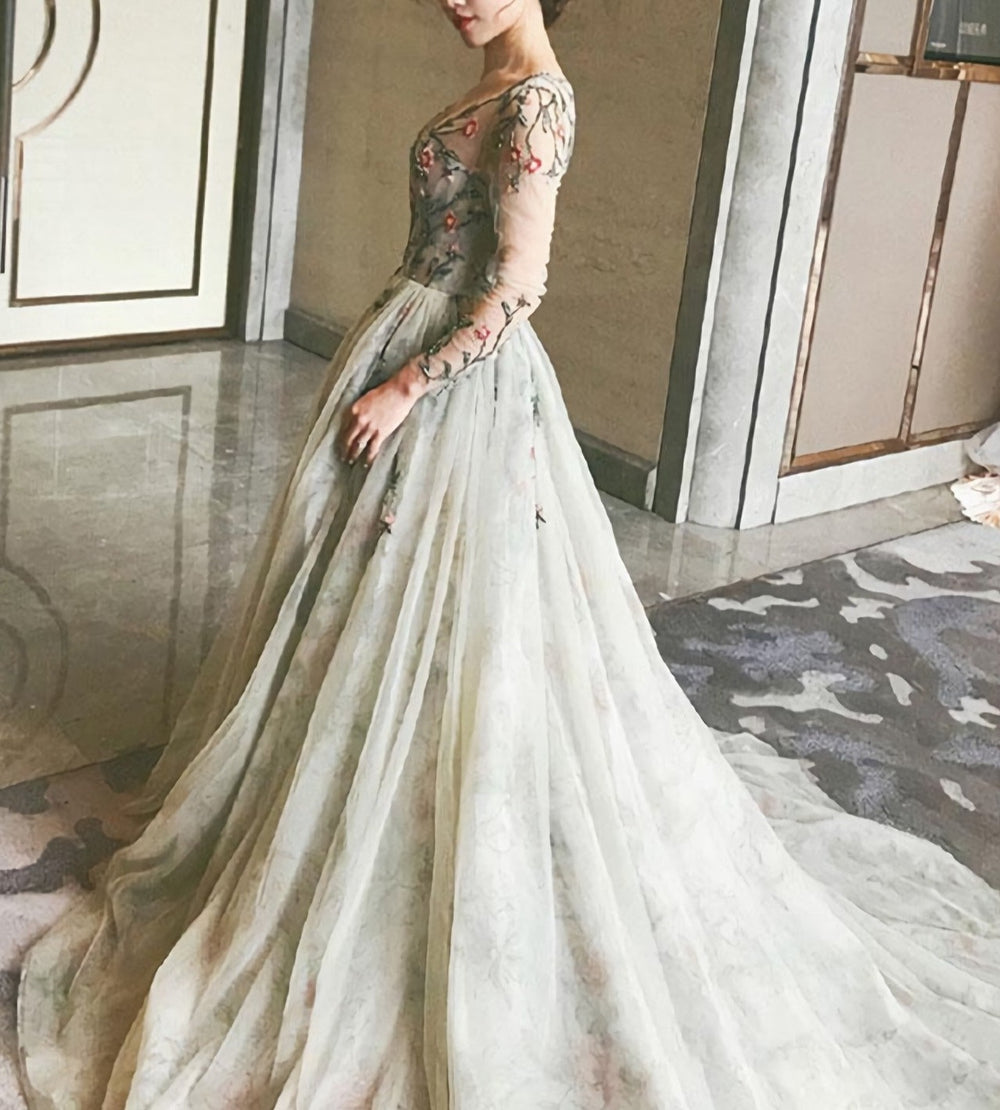 Gray V Neck Tulle Long Prom Dress, Long Sleeve Evening Dress, 1