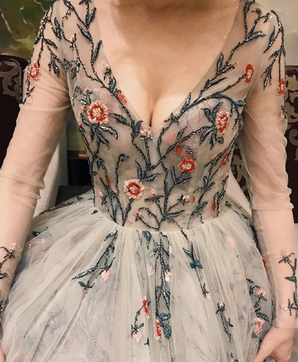 Gray V Neck Tulle Long Prom Dress, Long Sleeve Evening Dress, 1