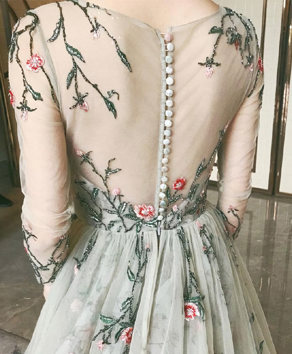 Gray V Neck Tulle Long Prom Dress, Long Sleeve Evening Dress, 1