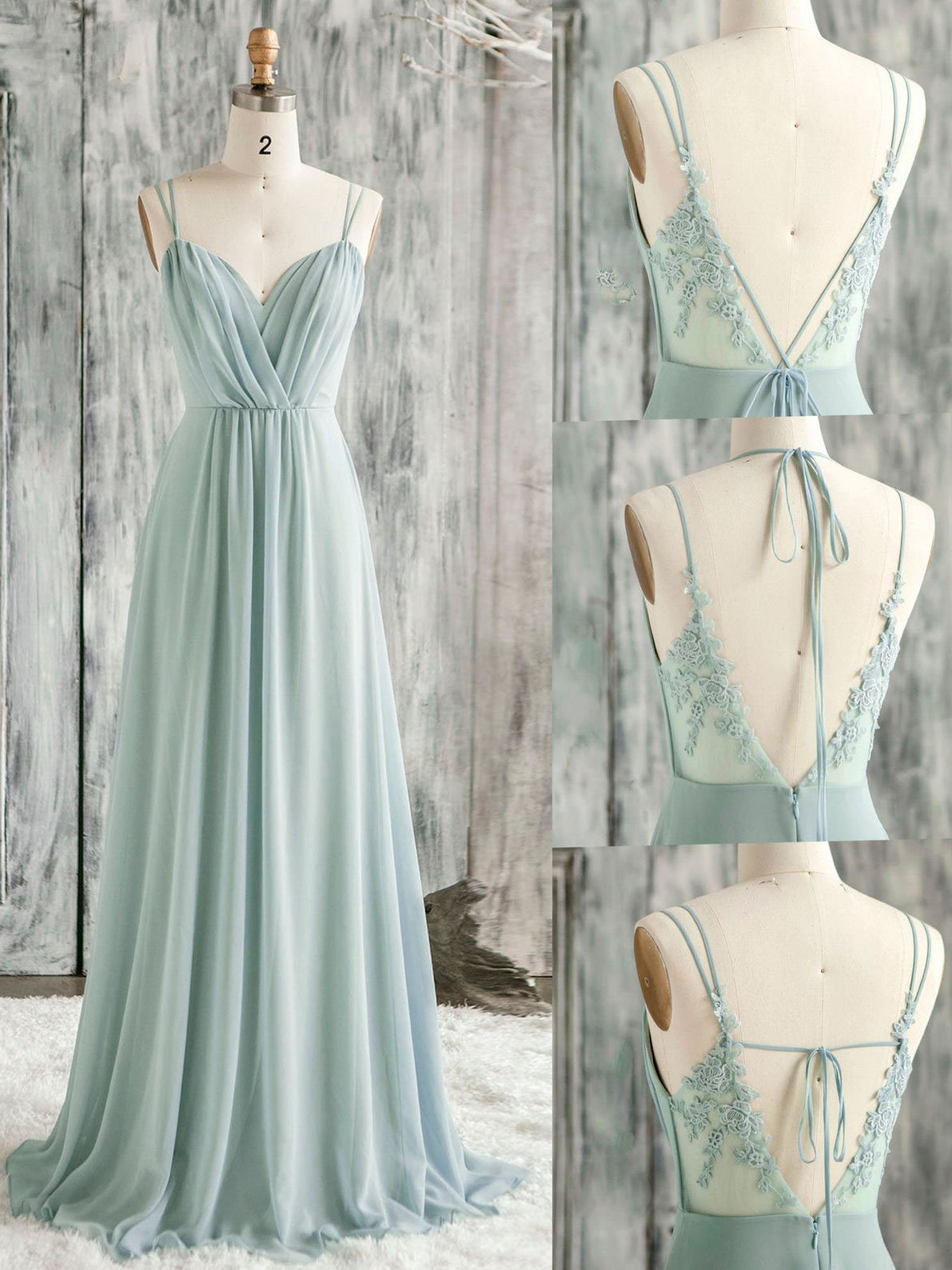 Green A line Chiffon Lace Long Prom Dress Outfits For Girls, Lace Bridesmaid Dress