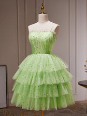 Green A-Line Tulle Short Prom Dress Outfits For Girls, Green Homecoming Dress