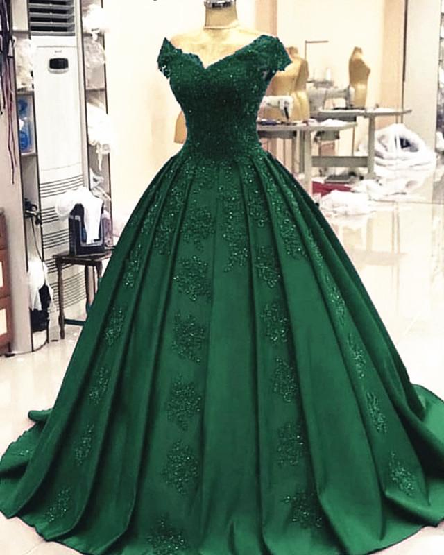 Green Ball Gown Satin Prom Dresses For Black girls Lace V Neck Formal Dress Outfits For Girls,Quinceanera Dresses