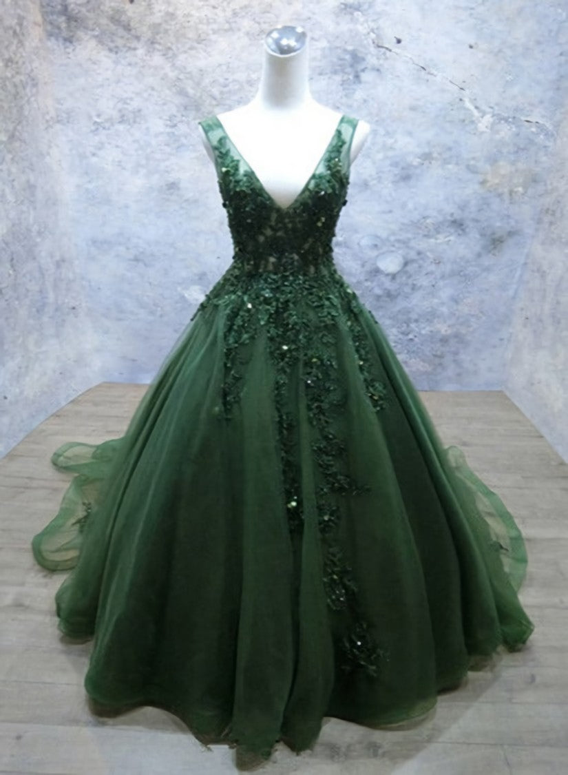 Green Beaded and Lace V-neckline Low Back Long Party Dresses For Black girls For Women, Green Evening Dress Outfits For Women Party Dresses