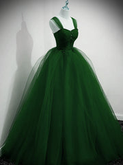 Green Beaded Tulle Off Shoulder Long Party Dress Outfits For Girls, Green Tulle A-line Prom Dress