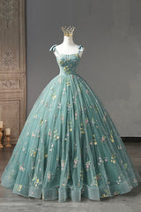 Green Lace Long A-Line Formal Dress Outfits For Girls, Spaghetti Strap Evening Gown