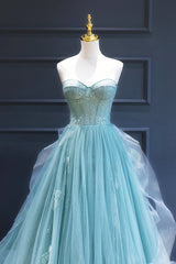Green Lace Tulle A-Line Long Formal Dress Outfits For Girls, Green Strapless Evening Dress