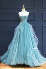 Green Lace Tulle A-Line Long Formal Dress Outfits For Girls, Green Strapless Evening Dress