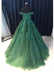 Green Off Shoulder Ball Gown Party Dress Outfits For Girls, Gorgeous Tulle Evening Formal Dress