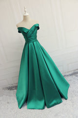 Green Off Shoulder Fashionable Long Evening Dress Outfits For Girls, Satin Long Prom Dress