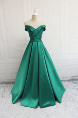 Green Off Shoulder Fashionable Long Evening Dress Outfits For Girls, Satin Long Prom Dress