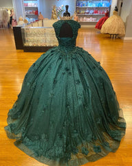 Green Princess Ball Gown Quinceanera Dresses For Black girls Sweet 15 Party 3D Flowers Lace Applique Crystal Beads Sequin Birthday Gown