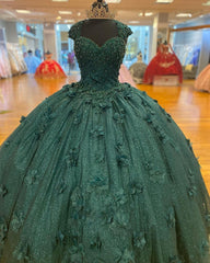 Green Princess Ball Gown Quinceanera Dresses For Black girls Sweet 15 Party 3D Flowers Lace Applique Crystal Beads Sequin Birthday Gown
