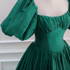 Green Puffy Sleeves Taffeta Long Formal Dress Outfits For Girls, Scoop Green Prom Dress Outfits For Women Party Dress