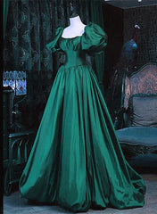 Green Puffy Sleeves Taffeta Long Formal Dress Outfits For Girls, Scoop Green Prom Dress Outfits For Women Party Dress
