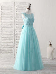 Green Round Neck Lace Tulle Long Prom Dress Outfits For Girls, Evening Dress