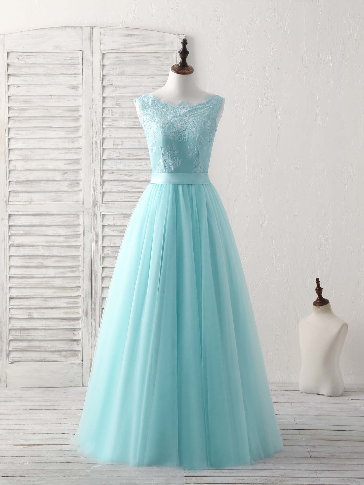 Green Round Neck Lace Tulle Long Prom Dress Outfits For Girls, Evening Dress