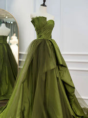 Green Ruffle Tiered Prom Dresses For Black girls Strapless, Green Long Party Dress
