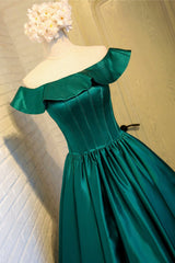 Green Satin Short Homecoming Dress Outfits For Girls, Cute Off the Shoulder Knee Length Prom Dress