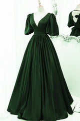 Green Satin Short Sleeves Long Party Dress Outfits For Girls, Green Floor Length Evening Dress Outfits For Women Prom Dress