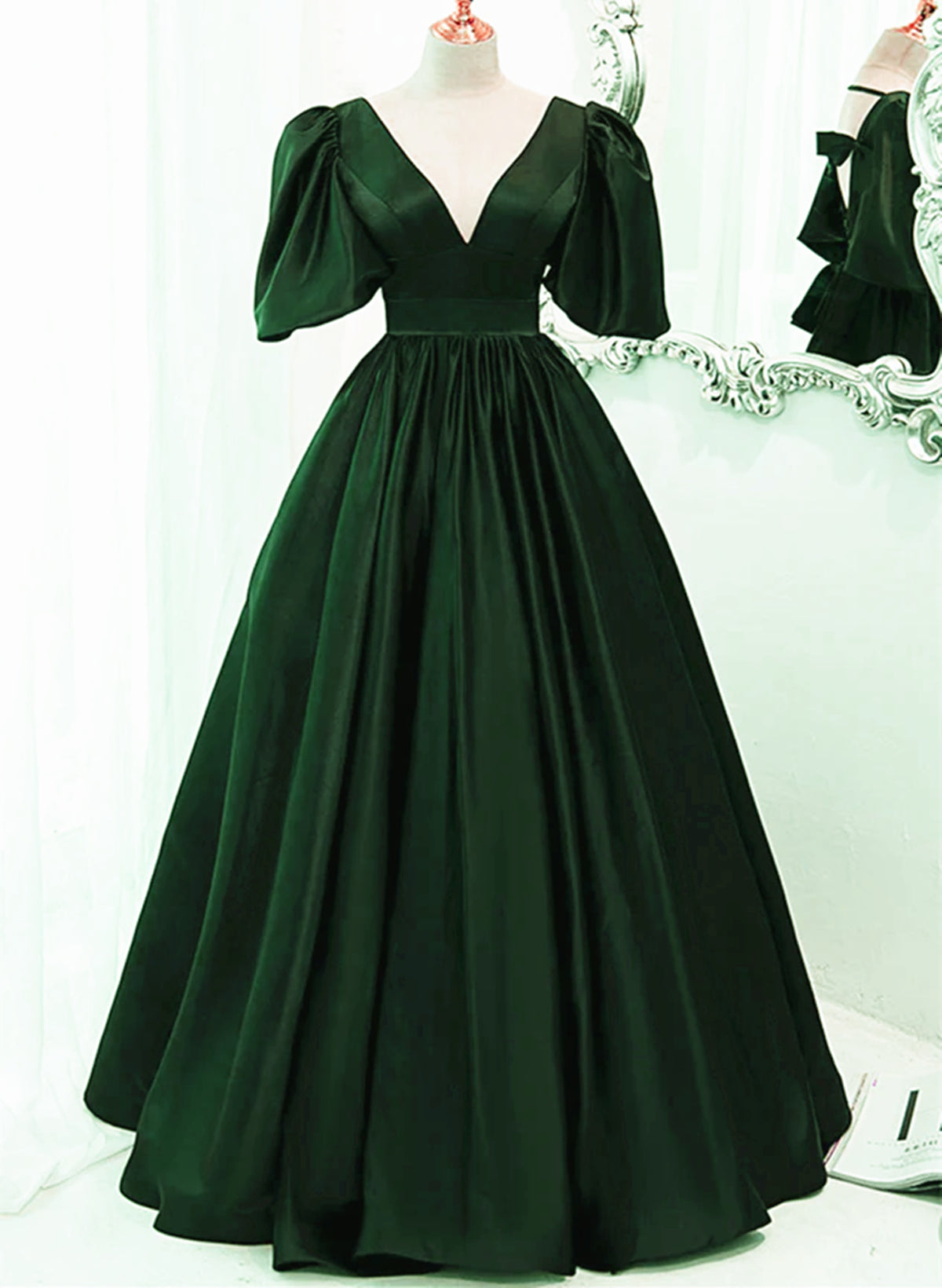 Green Satin Short Sleeves Long Party Dress Outfits For Girls, Green Floor Length Evening Dress Outfits For Women Prom Dress