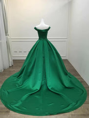 Green Satin Sweetheart Ball Gown Party Dress Outfits For Girls, Green Off Shoulder Evening Dress Outfits For Women Prom Dress