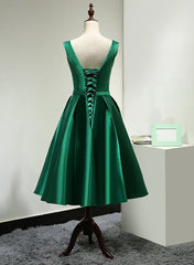 Green Satin Tea Length Bridesmaid Dress Outfits For Girls, Lovely Green Homecoming Dress