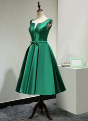 Green Satin Tea Length Bridesmaid Dress Outfits For Girls, Lovely Green Homecoming Dress
