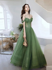Green Sweetheart Neck Tulle Long Prom Dress, Green Evening Dress