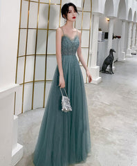 Green Sweetheart Neck Tulle Sequin Long Prom Dress Outfits For Girls, Tulle Graduation Dress