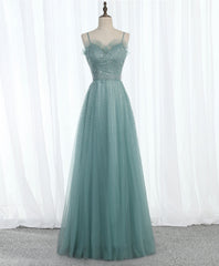 Green Sweetheart Neck Tulle Sequin Long Prom Dress Outfits For Girls, Tulle Graduation Dress