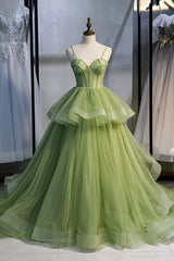 Green Sweetheart Tulle Long Prom Dress Outfits For Girls, A-Line Evening Graduation Dress