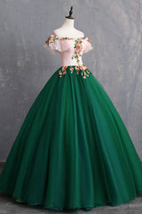 Green Tulle Lace Long Prom Dress Outfits For Girls, Cute Off Shoulder Evening Dress Outfits For Women Party Dress