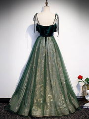 Green Tulle Lace Long Prom Dress Outfits For Girls, Green Tulle Formal Dress