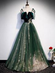 Green Tulle Lace Long Prom Dress Outfits For Girls, Green Tulle Formal Dress