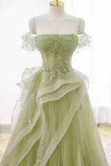 Green Tulle Lace Long Prom Dress Outfits For Women with Corset, Green Formal Party Dress