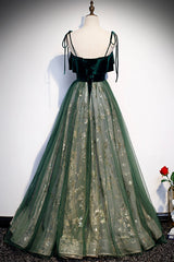 Green Tulle Long A-Line Prom Dress Outfits For Girls, Green Spaghetti Straps Graduation Dress