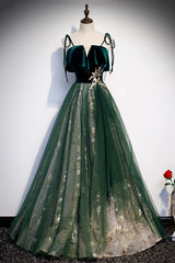 Green Tulle Long A-Line Prom Dress Outfits For Girls, Green Spaghetti Straps Graduation Dress