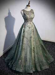 Green Tulle Round Neckline Long Party Dress Outfits For Girls, Green Lace Prom Dress