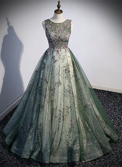Green Tulle Round Neckline Long Party Dress Outfits For Girls, Green Lace Prom Dress