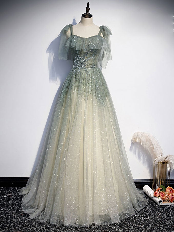 Green tulle sequin beads long prom Dress Outfits For Girls, green tulle formal dress