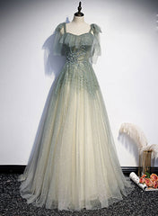 Green Tulle Straps A-line Beaded Long Prom Dress Outfits For Girls, Green Evening Party Dress