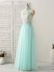 Green Tulle Two Pieces Long Prom Dress Outfits For Women Lace Beads Formal Dress