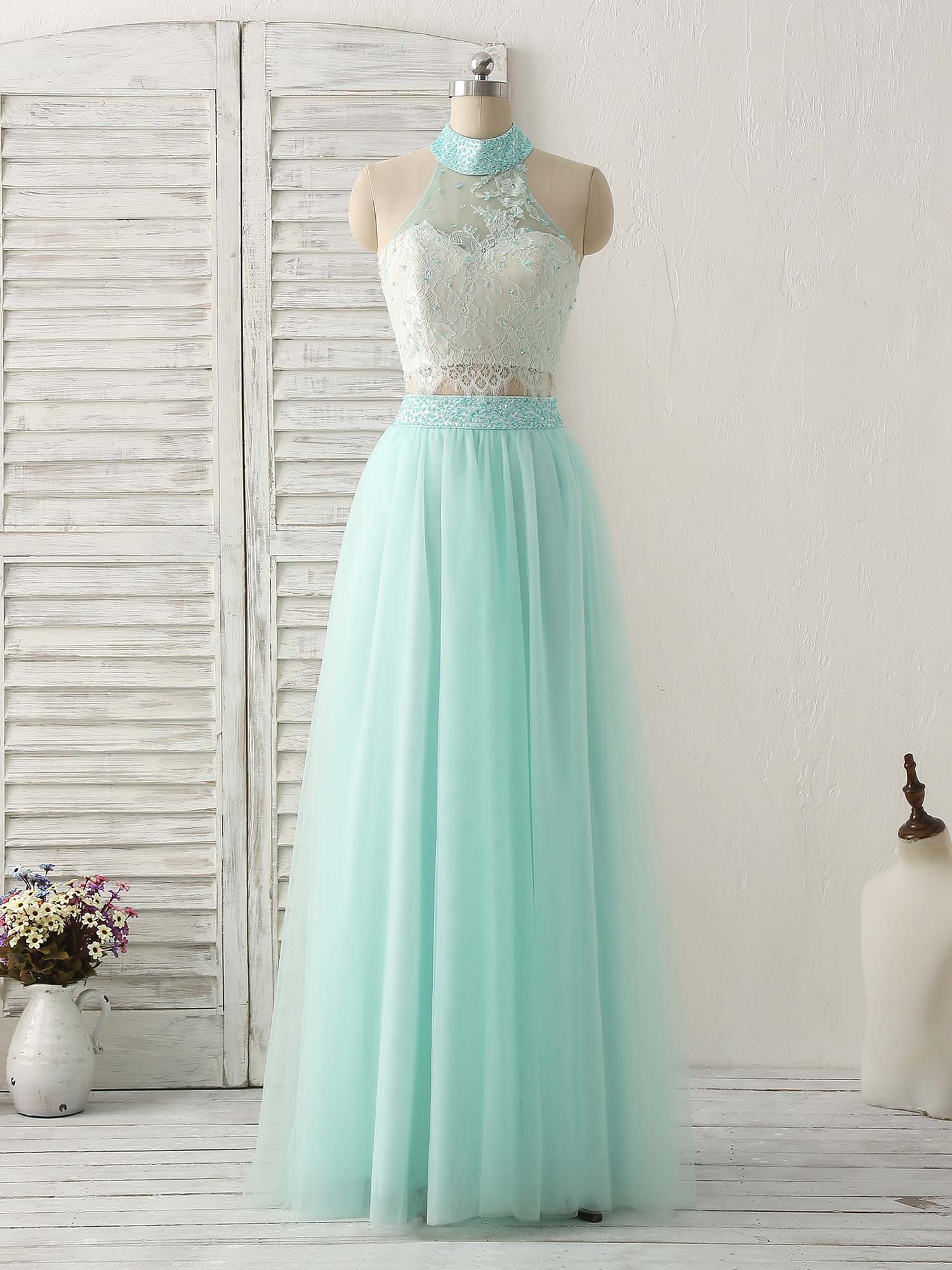 Green Tulle Two Pieces Long Prom Dress Outfits For Women Lace Beads Formal Dress