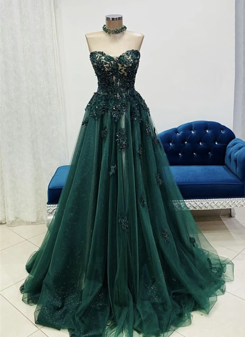 Green Tulle with Lace Applique Sweetheart Long Formal Dress Outfits For Girls, Green Evening Gown